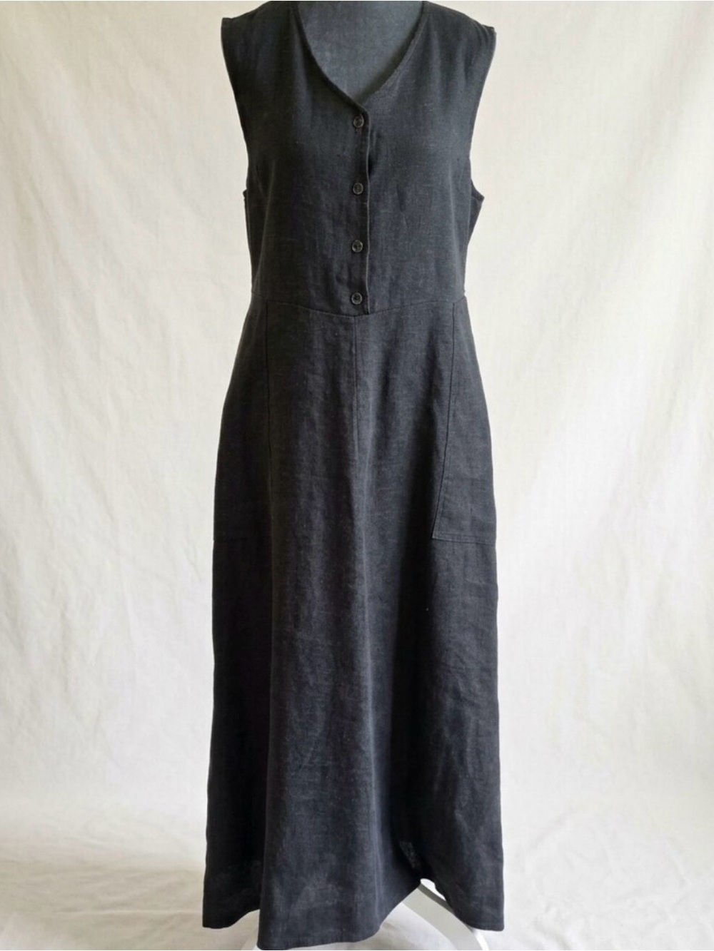 Vintage FLAX Jeanne Engelhart 100% Linen Grey Maxi Dress Button Front Pockets M - Picture 2 of 16